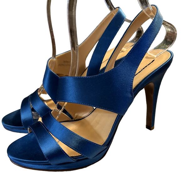 New J. Crew Italian Georgina Heels Women's Size 7 M Azure Satin Open Toe Prom - Picture 1 of 13